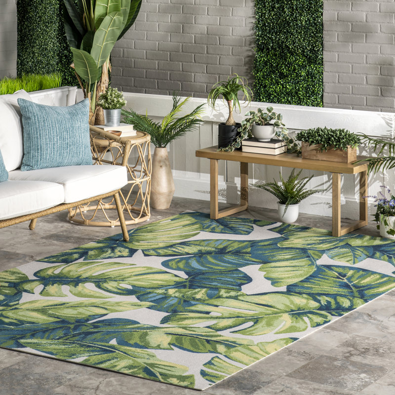 Bay Isle Home Commer Tropical Leaf Green Indoor/Outdoor Patio Rug